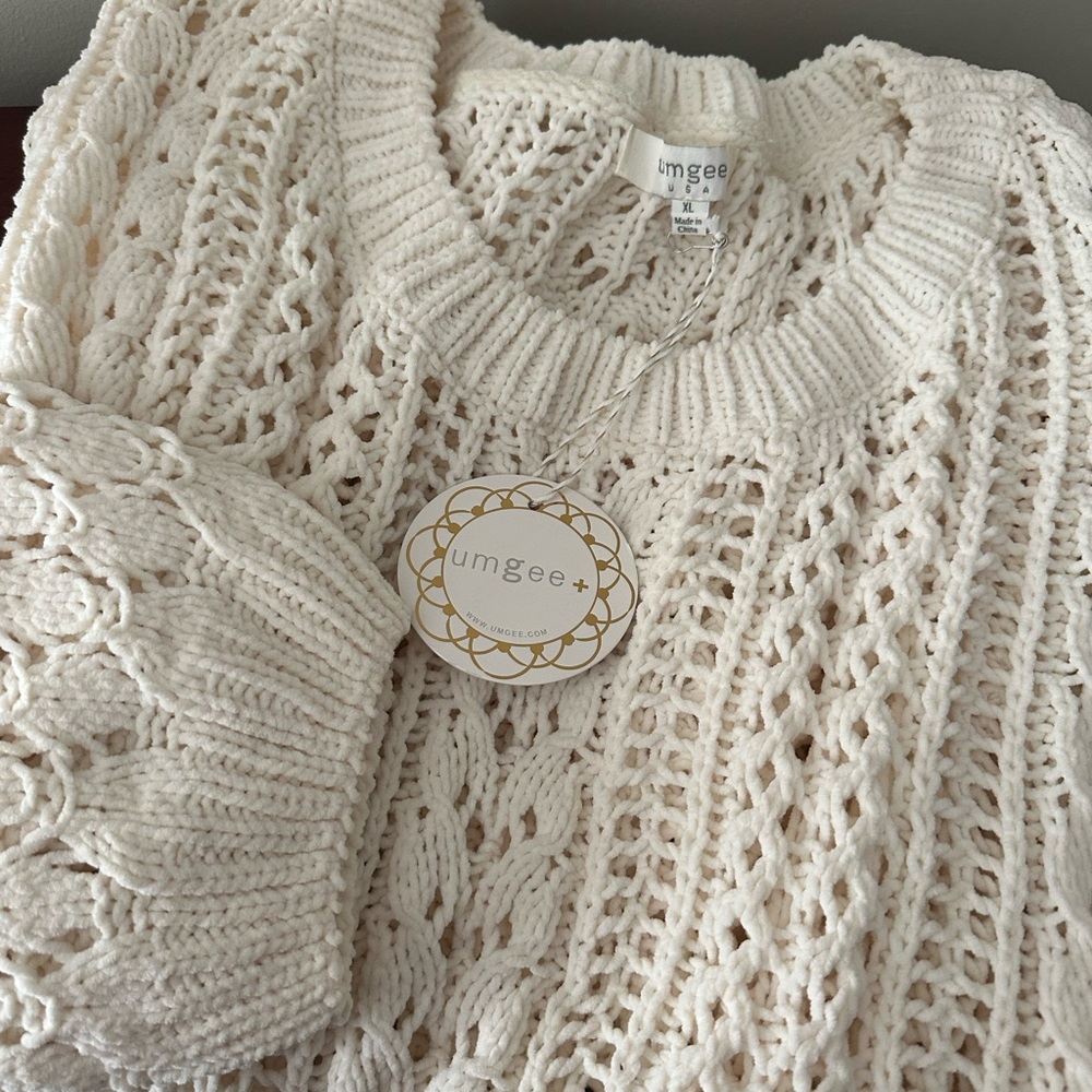 Umgee Cream Crew Neck Sweater with Cable Knit Design
